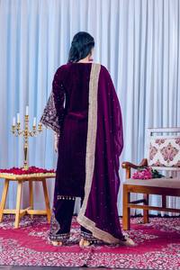 <b>Women's</b> <b>Velvet</b> Salwar Kameez Suit Set Embroidered Sequin Rivet Dupatta Burgundy Pakistani Indian Formal Wear - Product Image 3
