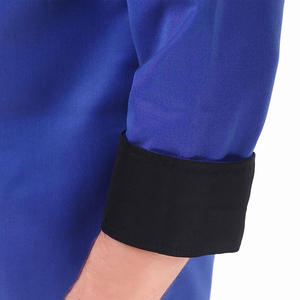 Veste de chef bleue pour homme, manches longues, polyester et coton tissé, uniforme pour restaurant et bar, fermeture à boutons, bordure noire - Product Image 3