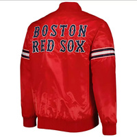 Veste universitaire personnalisée en satin rouge pour homme, avec bordure contrastante bleue, lettre B, style bomber, vente en gros, uniforme de baseball, vêtements de sport