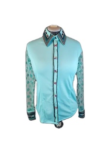 Mangas de red de Cowgirl Western Show Shirt hechas a mano en tela de tafetán elástica para uso ecuestre - Product Image 1