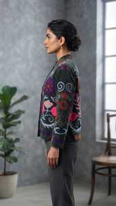 Chaqueta de Invierno para Mujer, de Terciopelo, con Bordado Floral Gris, Cuello Mandarín, Manga Larga, Resistente al Viento, con Forro de Algodón - Product Image 4