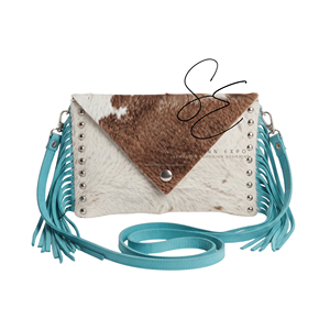 Bolso Bandolera de Cuero Genuino con Pelo de Vaca y Flecos, Estilo Suroeste Turquesa, Tipo Sobre, con Correa Ajustable - Product Image 2