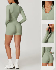 Custom Logo Yoga Gym Long Sleeve Jacket Bra <b>Shorts</b> for Women Outdoor Sports Yoga Full Zippers Breathable 3 Pieces Casual Sets - Product Image 3