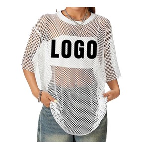 เสื้อยืดโอเวอร์ไซส์ตาข่ายสำหรับผู้หญิง แขนสั้น คอกลม ระบายอากาศได้ดี สไตล์สตรีท พิมพ์ลายโลโก้ตัวอักษร สีขาว - Product Image 1