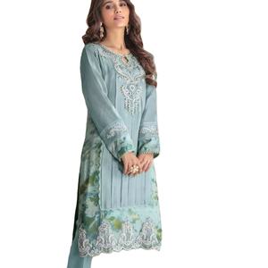 El último diseñador Faux Georgette Bordado Secuencia Trabajo Kurti Set Por Fab Zone - Product Image 1