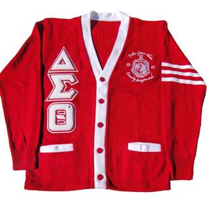 Delta Sigma Theta Men's Red V-Neck <b>Cardigan</b> Full Sleeve Button Closure Embroidered Letter Logo Autumn Wear Acrylic Material - Product Image 1