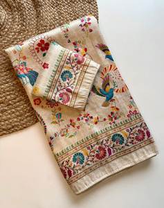 Sari en soie satinée pure, tissage jacquard, bordure paon, avec pallu riche - Product Image 1