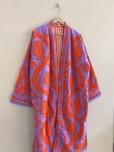 Kimono largo de algodón con acabado morado y naranja, estilo bohemio étnico indio, hecho a mano con estampado floral, tres cuartos, para mujer. - Product Image 5
