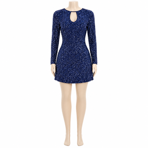 Luxury Celestial Midnight Blue <b>Sequin</b> Mini Dress for Women Elegant Keyhole Neck Long Sleeve Cocktail Party Glam Evening Clubwear - Product Image 1