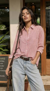 Chemise rayée à manches longues boutonnée, coupe ample, décontractée, avec poches, en coton et bambou, taille naturelle, col rabattu - Product Image 3