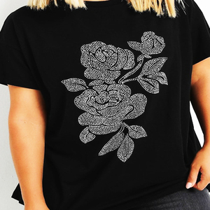 เสื้อยืดผู้หญิงสีดำลายดอกไม้ประดับหมุด 100% ผ้าฝ้าย แขนสั้น คอกลม สวมใส่สบาย เป็นที่ต้องการอย่างมาก - Product Image 5