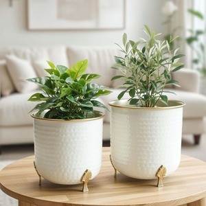 Juego de Jarrones Modernos para Mesa, Macetas de Metal Blanco con Borde Dorado, Diseño Acanalado, Maceteros Decorativos para Uso en Interiores - Product Image 4