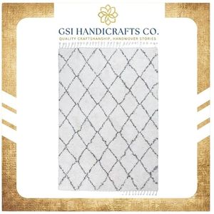 Tapis rectangulaire à motif treillis marocain en laine et acrylique, tufté à la main, moelleux, antidérapant, pour salon, revêtement de sol décoratif - Product Image 2