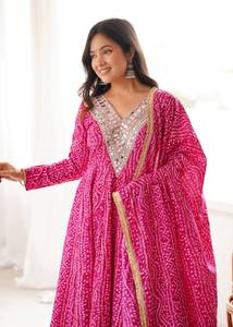 AARIKA TEXTILE Durable Printed Maslin Embroidered Gown Micro Cotton Pant Golden Lace Dupatta Quick Dry <b>Wedding</b> Diwali Party - Product Image 2