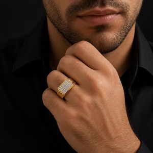Solid 18K Gold <b>Mens</b> Diamond Rectangular Signet <b>Ring</b> Micro Pave Cluster Geometric High Polish Bold Wedding Party Daily Wear Gift - Product Image 5