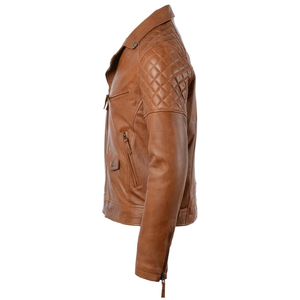 Blouson moto en cuir véritable marron pour homme, col rabattu, fermeture éclair, coupe classique, couleur unie, style motard, vêtement d'automne - Product Image 2