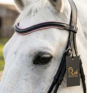 Ensemble de bridon en cuir Rub International Ride, noir avec garniture rose, design personnalisable pour la taille, équipement d'équitation et d'entraînement - Product Image 2