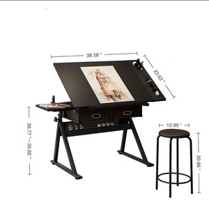 Tavolo da Disegno e Progettazione Regolabile Nero con 2 Cassetti per Casa, Ufficio e Scuola, Include Sgabello - Product Image 6