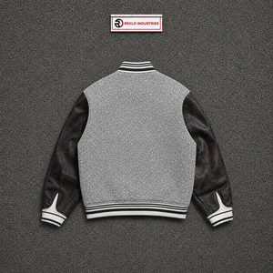 Blouson universitaire gris en gros avec manches en cuir PU noir, col rabattu, tenue décontractée d'automne, streetwear d'hiver décontracté haut de gamme - Product Image 6