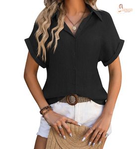 Camisa Negra de Manga Corta con Botones para Mujer, Color Sólido, Estilo Casual, Primavera/Verano, Corte Regular, Popelina - Product Image 1