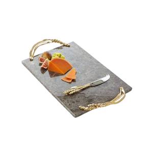 Planche à fromage rectangulaire en marbre gris naturel de qualité supérieure, très vendue, avec poignées en métal à motif blé doré pour la décoration intérieure - Product Image 1