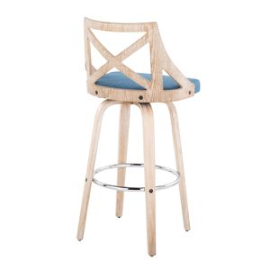 Sgabello da bar Charlotte da 30 pollici a altezza fissa con base girevole, in legno bianco anticato e tessuto blu, poggiapiedi in metallo cromato, stile rustico - Product Image 4