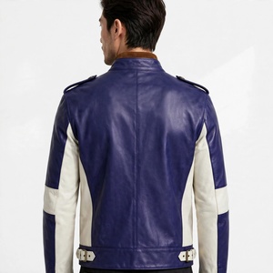 Chaqueta de Motociclista de Cuero Genuino para Hombre, con Bloques de Color, Cuello Alto y Cierre de Cremallera - Product Image 2