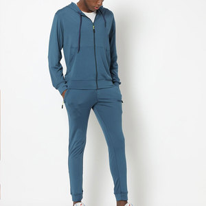 Ensemble de survêtement à capuche pour homme, bleu uni, manches longues, fermeture éclair sur le devant, vêtements décontractés, saison printemps, coupe régulière avec poches latérales - Product Image 1