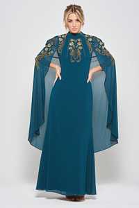Robe de mariée élégante bleu sarcelle à col en V, broderies florales, manches cape en maille, coupe trapèze, longueur ras du sol, style fourreau ajusté, toutes saisons - Product Image 5