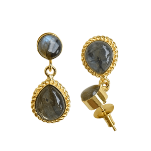 Boucles d'oreilles pendantes vintage plaquées or, style bohème et classique, avec pierre de labradorite naturelle en forme de fleur pour femme, mariage - Product Image 6