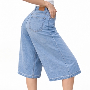 Shorts Culotte de Mezclilla Azul Claro para Mujer, Cintura Alta, Casuales, de Verano, Holgados, Transpirables y de Secado Rápido - Product Image 4