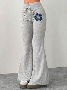 PORTACE ENTERPRISES Pantalon évasé gris taille haute pour femme, mélange de coton léger, décontracté, coupe ample, longueur intégrale, avec cordon de serrage, idéal pour l'automne - Product Image 1