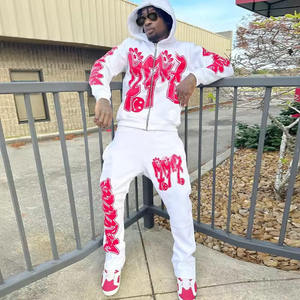 Custom Puff Print Logo Stacked Flare Sweatpants and Hoodie Set 2 Pieces Jogging Suit Sweatsuit Zip up <b>Tracksuits</b> for Men - Product Image 2