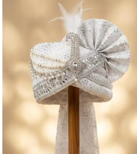 Turban en soie ivoire avec perles et plumes, Safa Pagri traditionnel pour mariage, pour hommes - Product Image 1