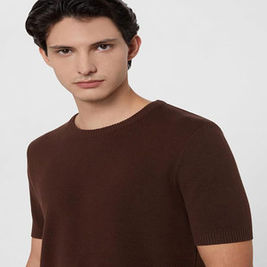 Camiseta de Punto de Manga Corta para Hombre, Color Marrón Sólido, Cuello Redondo, Corte Regular, Informal, de Algodón, Anti-Pilling, Secado Rápido, Talla Grande - Product Image 2