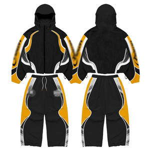 ชุดเซ็ตฮู้ดดี้แบบไร้รอยต่อ ผลิตตามสั่งสำหรับทุกเพศ ผลิตจากโพลีเอสเตอร์/คอตตอน ถักทอแบบ Colorblock แรงบันดาลใจจากชุดแข่งรถฤดูหนาว - Product Image 1