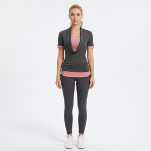 Haut décontracté tricoté à manches courtes gris et rose pour femme, col écharpe, dentelle, blocs de couleur, longueur normale, Spandex Polyester - Product Image 6