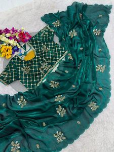 Indian Boutique Stylish Fancy All Over Hand Work Satin Silk <b>Saree</b> Exclusive Elegant Sari <b>Blouse</b> Ethnic Latest Trendy <b>Blouse</b> Girl - Product Image 2