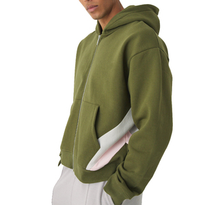Sudadera con Capucha y Cierre para Hombre, Color Verde Oliva, Corte Regular, Diseño Casual de Color Sólido con Bolsillos de Felpa, para Otoño - Product Image 3