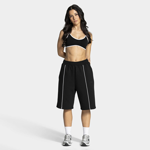 Shorts Bermuda Femme en Coton Premium 100% avec Impression Haute Densité, Logo Personnalisé, Respirants, Noirs, avec Passepoil - Product Image 1