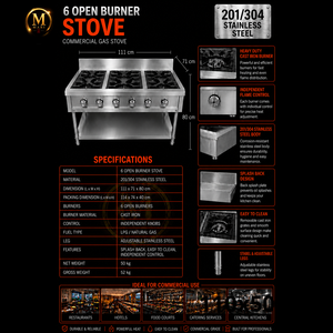 Estufa de Gas de Acero Inoxidable de Gran Capacidad con 6 Quemadores Abiertos para Cocina Comercial de Alto Volumen y Catering - Product Image 6