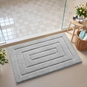 Tapis de bain rectangulaire moderne en chenille géométrique, antidérapant avec base en caoutchouc, épais et touffeté, gris, pour salle de bain - Product Image 1