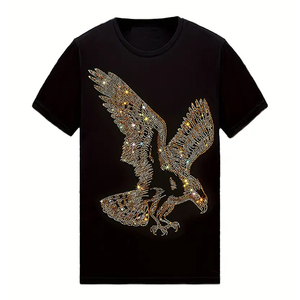 เสื้อยืดแฟชั่นผู้ชายขายส่งปี 2024 เสื้อยืดแขนสั้นผ้าฝ้ายถักสีดำประดับเพชรทรงสลิมโอเวอร์ไซส์สำหรับฤดูร้อน - Product Image 3