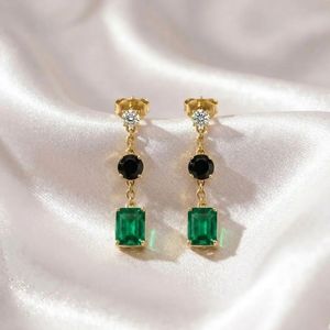 Elegant Emerald Rectangle Black Obsidian <b>Earrings</b> CZ Accent Gemstone Drop <b>Stud</b> Dangle Minimalist Fine Jewelry Gift For Women - Product Image 2