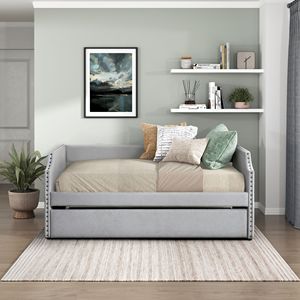 Moderno Daybed grigio chiaro contemporaneo con Trundle tessuto rivestito in legno mobili da soggiorno 1PC mobili in scatola - Product Image 1