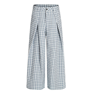 Custom Plaid Wide Leg Trousers Men High Waist Front Pleated Loose Fit Casual Bottoms Straight Cut Apparel - Product Image 5