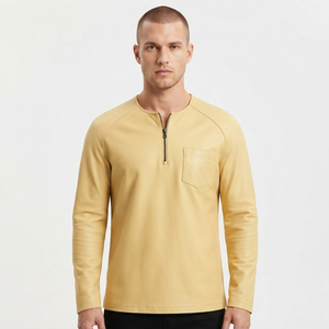 Long Sleeve T-Shirt Quarter Zip Casual Slim Fit Crew Neck Leather Top Chest Pocket Soft Premium Leather Fashion Wear Custom <b>Logo</b> - Product Image 1