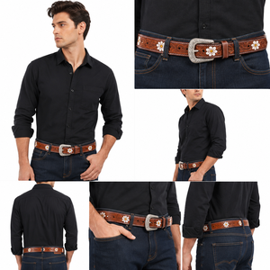 Premium Handcrafted Genuine <b>Leather</b> Belt for Men Floral <b>Tooled</b> Belt with Daisy Concho Accents - Product Image 5
