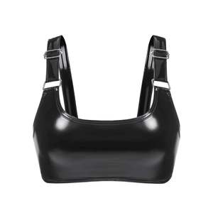 Débardeur court noir en cuir verni pour femme, col rond, sexy, pour club, couleur unie, tricoté en Spandex et Polyester - Product Image 6