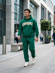 Ensemble survêtement homme vert oversize avec sweat à capuche et pantalon de jogging en coton épais, style streetwear, personnalisable avec marque privée - Product Image 5